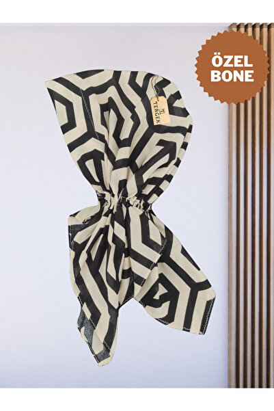 Tergek Lastikli Bandana Siyah Ekru Desenli Kadın Pratik Günlük Spor Doktor Hemşire Hastane Kemoterapi Bone