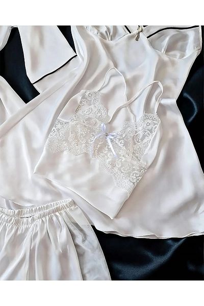 cdh çeyize dair herşey Sunshine Silk Satin White 6-Piece Pajamas Set 6734