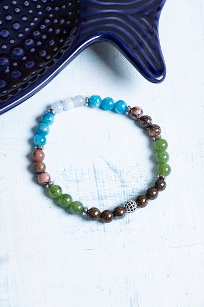 Deniz Doğal Taş Certified Bronze Jade Apatite Aquamarine Rhodonite Hematite Taurus Bracelet