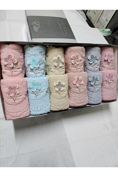 Fiesta Embroidered Mother and Daughter 50X90 (6 Pieces) 30X50 (6 Pieces) Colorful Cotton Towel Set