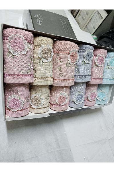 Fiesta Embroidered Mother and Daughter 50X90 (6 Pieces) 30X50 (6 Pieces) Colorful Cotton Towel Set