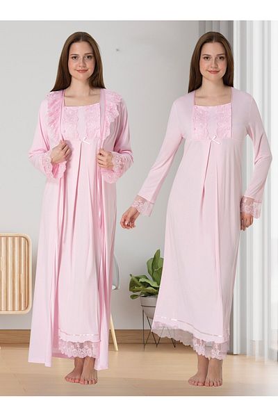 BLACKMORE Powder Special Lace Design Maternity Nightgown-Dressing Gown and Pajama Set Set of 4