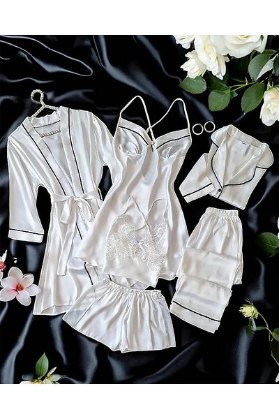 cdh çeyize dair herşey Sunshine Silk Satin White 6-Piece Pajamas Set 6734