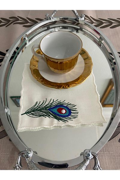 CekModa Stain-Resistant, Washable. Gardenia Fabric 6 Luxury Presentation Napkins with Embroidery - Request Promise Coffee Coaster