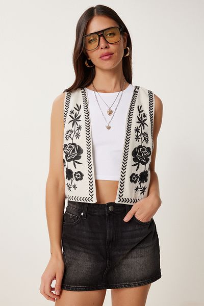 Lovelyİstanbul Flower Embroidered Linen Vest Stone Black Ldj0001
