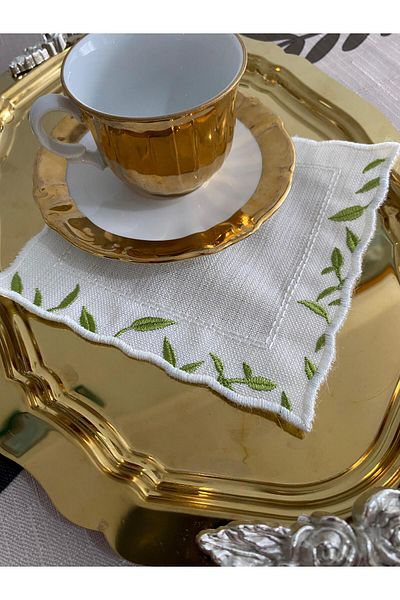 CekModa Stain-Resistant, Washable. Gardenia Fabric 6 Luxury Presentation Napkins with Embroidery - Request Promise Coffee Coaster
