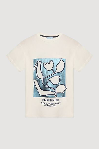 Quzu Embossed Printed Text Short Sleeve T-Shirt Ecru