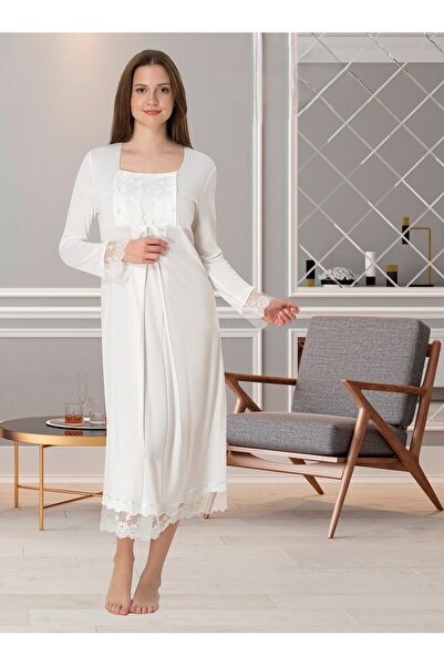 BLACKMORE Ekru Özel Dantelli Tasarım Lohusa Hamile Gecelik-Sabahlık ve Pijama Takım 4'lü Set