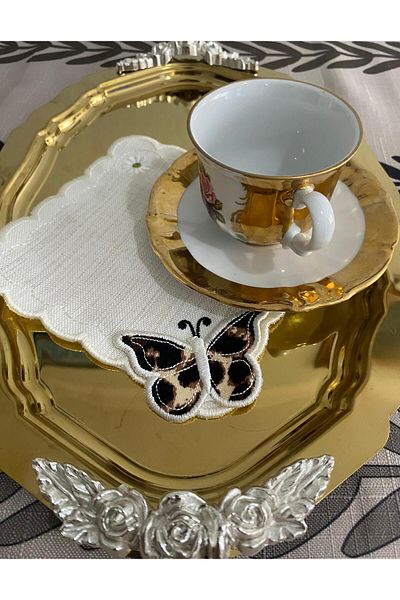 CekModa Stain-Resistant, Washable. Gardenia Fabric 6 Luxury Presentation Napkins with Embroidery - Request Promise Coffee Coaster