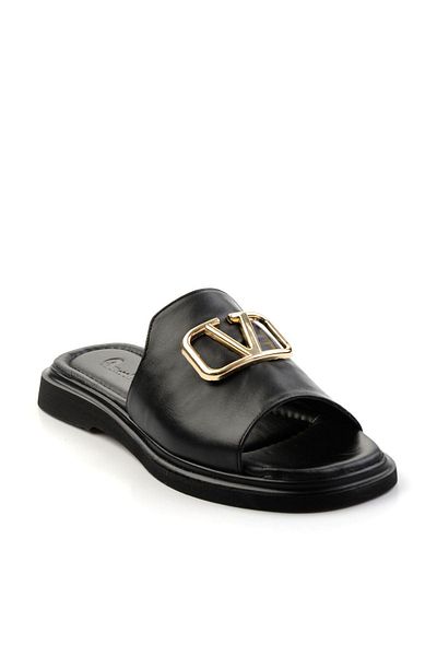 Bambi Black Leather Women's Slippers K04359022803