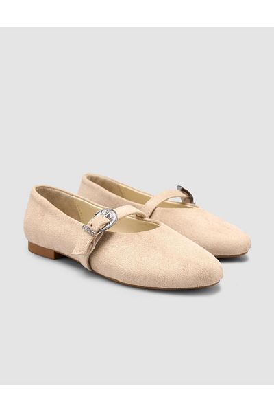 Cabani Suede Look Buckle Detailed Beige Women's Ballerinas