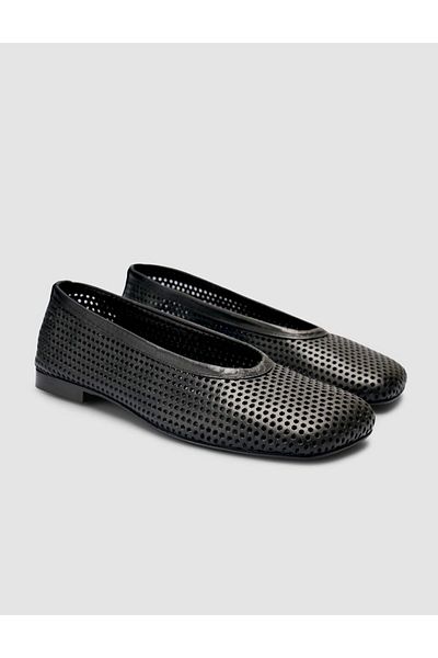 Cabani 100% Genuine Leather Black Perforated Women's Ballerinas