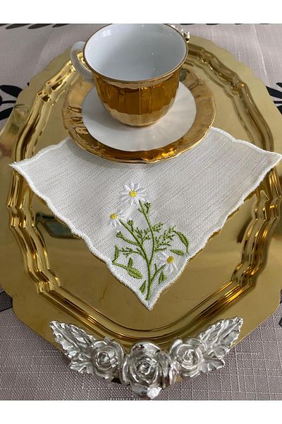 CekModa Stain-Resistant, Washable. Gardenia Fabric 6 Luxury Presentation Napkins with Embroidery - Request Promise Coffee Coaster