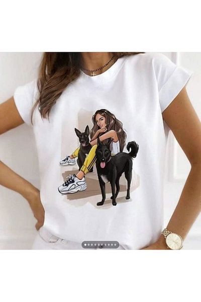 PENTHİLUS Girl and Dog Print Short Sleeve Round Neck T-Shirt