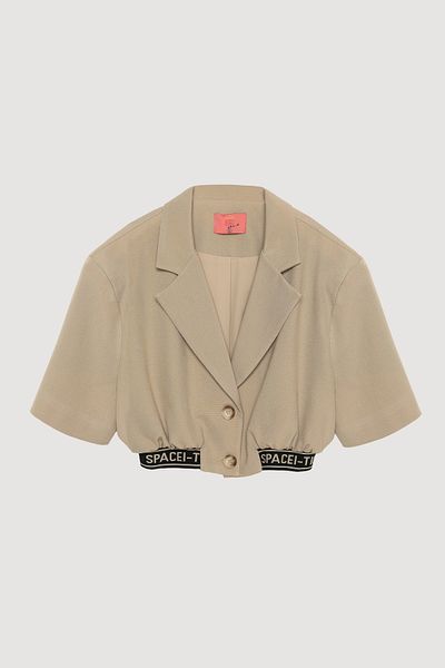 Quzu Beli Written Double Breasted Collar Buttoned Short Jacket Beige
