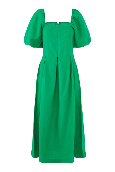 Nobody’s Child فستان ميدي بأكمام منتفخة من الكتان، أناقة سهلة وبسيطة وأناقة ط...