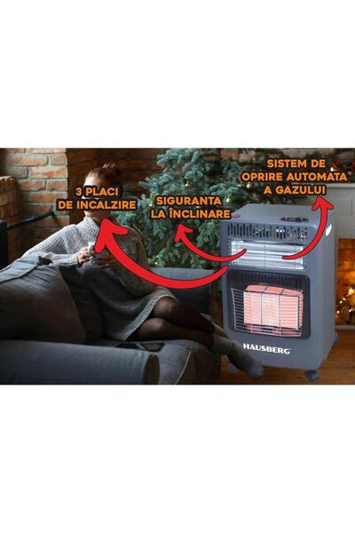 Hausberg Soba pe gaz GPL si electrica HB-1022NG, piezo-electrica, 3 placi ceramica, putere 4.2kW, Negru