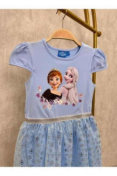 Magu Girl's Frozen Elsa Anna Printed Tulle Dress - Glittery Snowflake Pattern