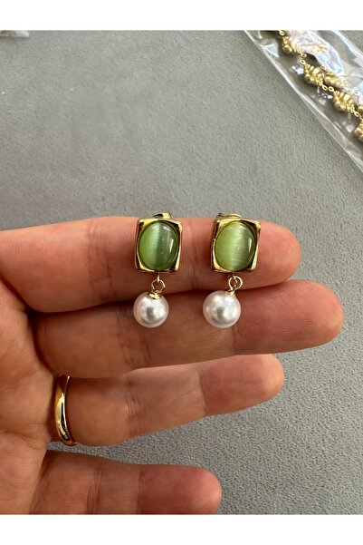 staınless steel Vintage Yeşil Taşlı Çelik Küpe