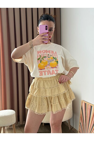 MahraWear Sarı Dantel Geçişli Etek