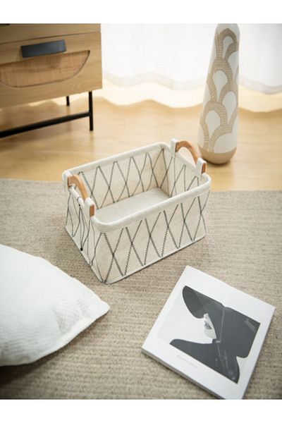 HONEYBEE Rectangular Shape Durable Storage Basket with Wooden Handle