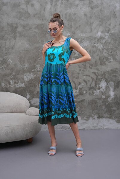 ŞİMAL Kadın Etnik Desenli Kare Yaka Uzun Elbise