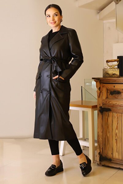 Nazen Giyim TORBA CEPLİ DÜĞMELİ SİYAH KADIN TRENÇKOT D87055-2K5