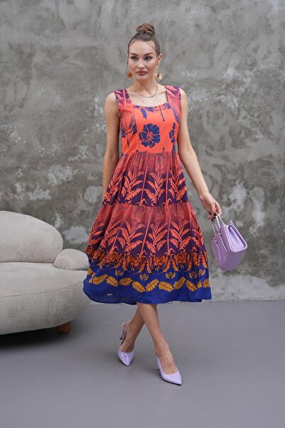 ŞİMAL Kadın Etnik Desenli Kare Yaka Uzun Elbise