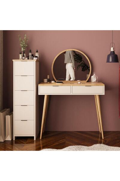 Bimossa Lucy Makyaj Masası Takımı T1060 – Sepet Kumtaşı | Aynalı, Çekmeceli Dolaplı Takı Düzenleyici
