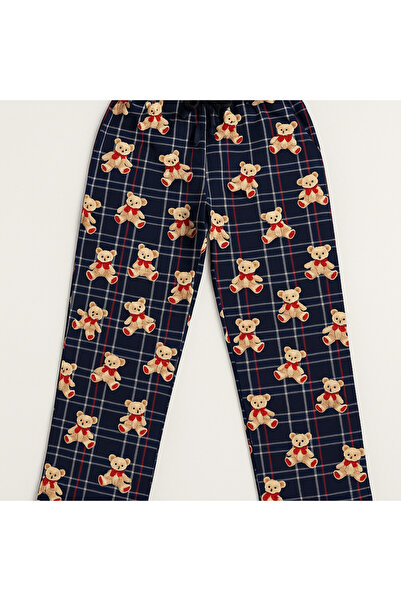 Black Arden Socks Kadın Kırmızı-Lacivert Ayıcık Desenli Rahat Kesim Flanel Pijama Altı – Yumuşak Milan Kumaş