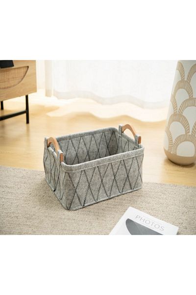 HONEYBEE Rectangular Shape Durable Storage Basket with Wooden Handle