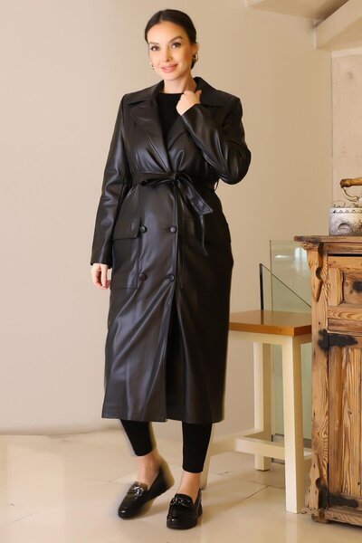 Nazen Giyim TORBA CEPLİ DÜĞMELİ SİYAH KADIN TRENÇKOT D87055-2K5