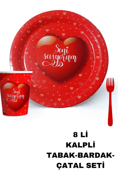 Baloncu Dede 8-Piece Heart Patterned Plate Cup Fork Set Valentine's Day Special Day Birthday Marriage Proposal Year Anniversary Ornament