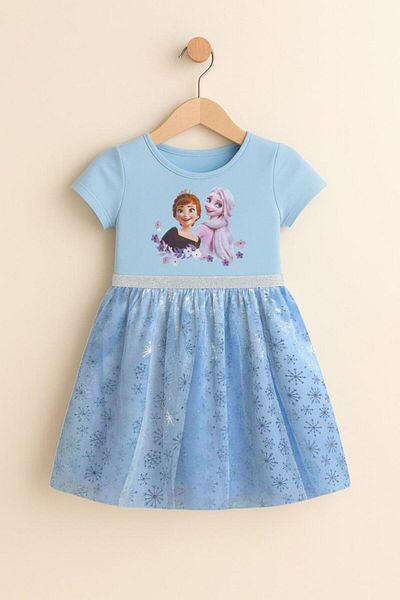 Magu Girl's Frozen Elsa Anna Printed Tulle Dress - Glittery Snowflake Pattern
