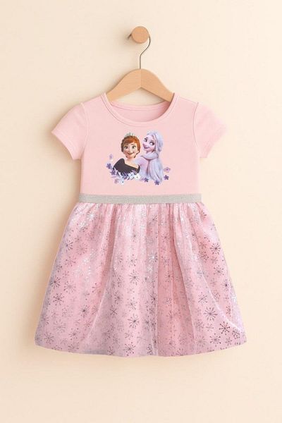 Magu Girl's Frozen Elsa Anna Printed Tulle Dress - Glittery Snowflake Pattern