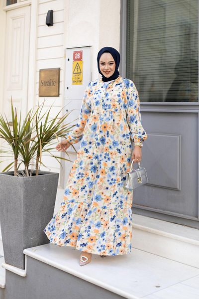 HARMAN BUTİK Women's Buttoned Patterned Blue Modal Dress