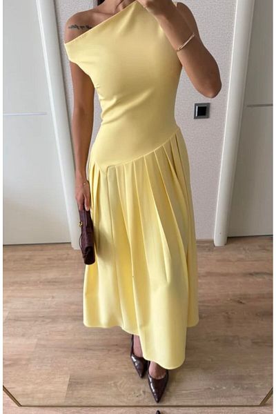 FMN Collection Boat Neck Waist Fitted Fold Wide Bell Skirt Design Equivalent Pinterest Midi Length Tok Fabric Dress