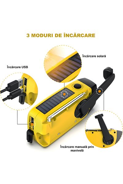 ZEQAS Portable Radio Solar/USB/Crank 2000mAh Waterproof Power Bank with Flashlight Yellow