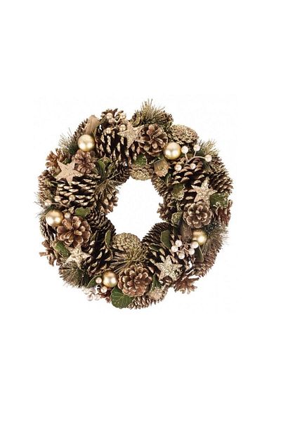 Strend Pro Christmas decoration, wreath with cones and globes, gold, 34 cm