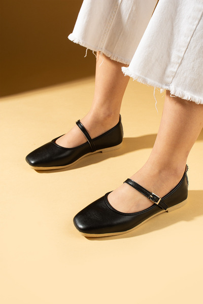 WMİLANO Kadın Babet Siyah Bantlı Hafif Rahat Taban Şık Günlük Ayakkabı