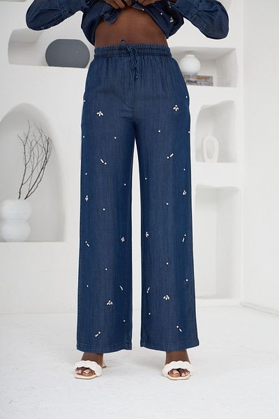 MİA NOURA Women's Woven Fabric Front Beaded Pants