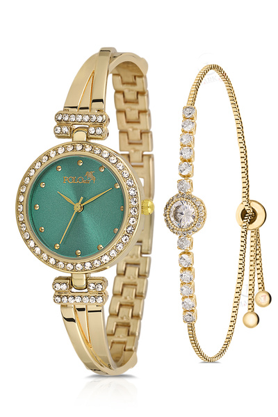 Polo Air Vintage Kadın Kol Saati Zirkon Taşlı Yuvarlak Bileklik Kombin Gold Y...
