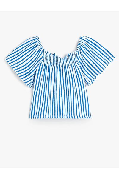 Koton Kids Girls' Square Neck Short Sleeve Gipe Detailed Striped Blouse