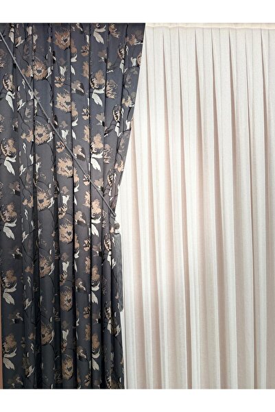 DİLETTO Gray Beige Patterned Taffeta Background Curtain Compatible with Corni...