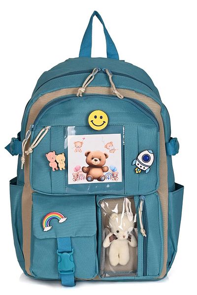 Catwins Rucsac de școală în stil coreean Kawaii cu accesorii și ursuleț de pluș albastru