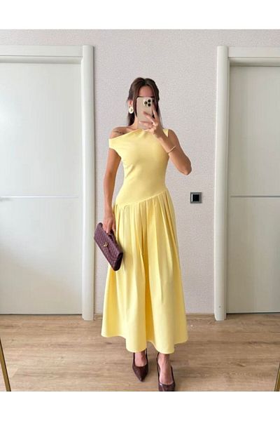 FMN Collection Boat Neck Waist Fitted Fold Wide Bell Skirt Design Equivalent Pinterest Midi Length Tok Fabric Dress