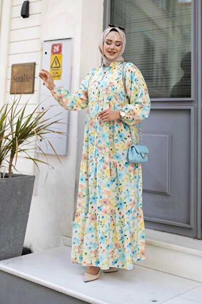 HARMAN BUTİK Γυναικείο φόρεμα με κουμπιά με μοτίβο πράσινο Modal