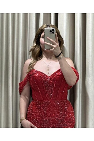 Kaleiçi Yıldızlar Kırmızı Çift Yaka Balık Model Taşlı Abiye 765