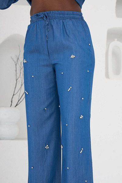 MİA NOURA PANTALON DE DAMEȚĂ ȚESUTĂ FĂȚĂ CU Mărgele Brodate