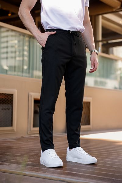 MODAMESTO Men's Black Relaxed Fit Side Pockets Elastic Waist Lace up Jogger Pants
